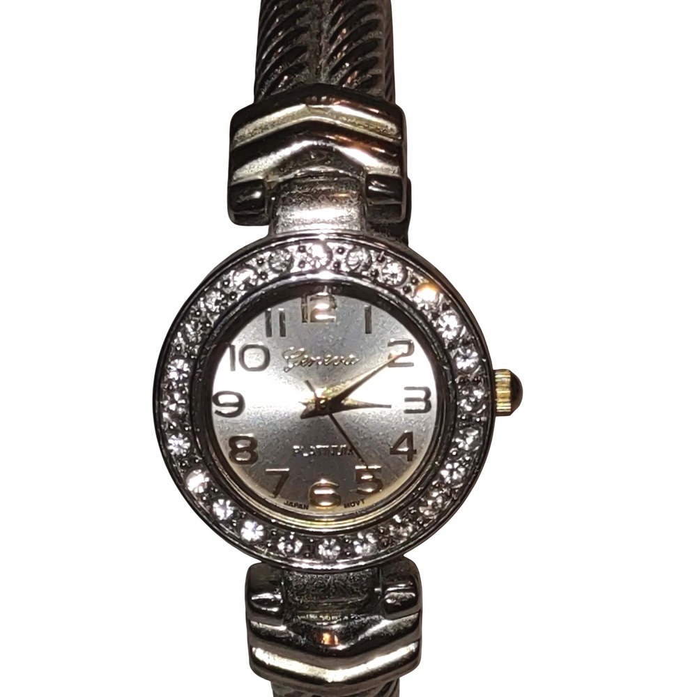 Geneva Platinum Bracelet Watch Silver 8322 Twisted Cable Cuff Rhinestone Bezel